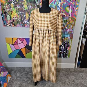 Handmade 70s Dress Polyester Yellow Brown Size L EUC